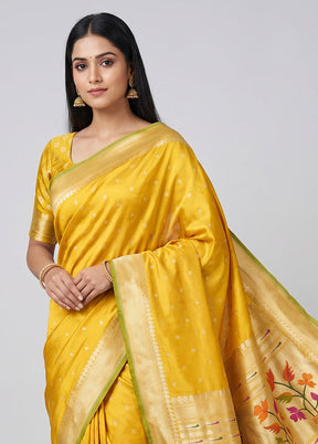 Yellow Handloom Katan Pure Silk Saree With Blouse Piece