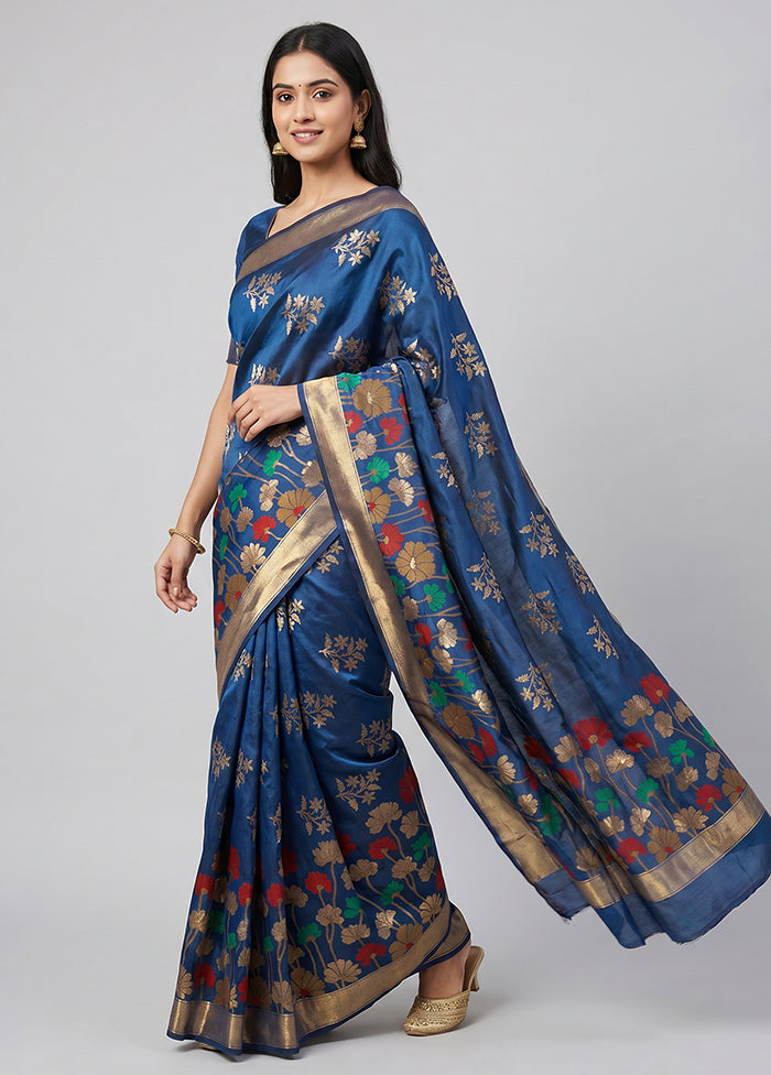 Blue Handloom Katan Pure Silk Saree With Blouse Piece