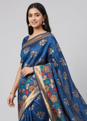 Blue Handloom Katan Pure Silk Saree With Blouse Piece