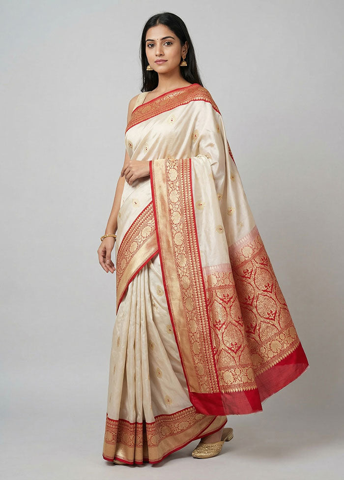 White Handloom Katan Pure Silk Saree With Blouse Piece