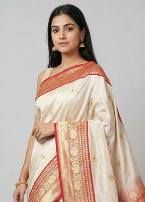White Handloom Katan Pure Silk Saree With Blouse Piece