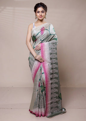 Grey Tussar Silk Saree With Blouse Piece
