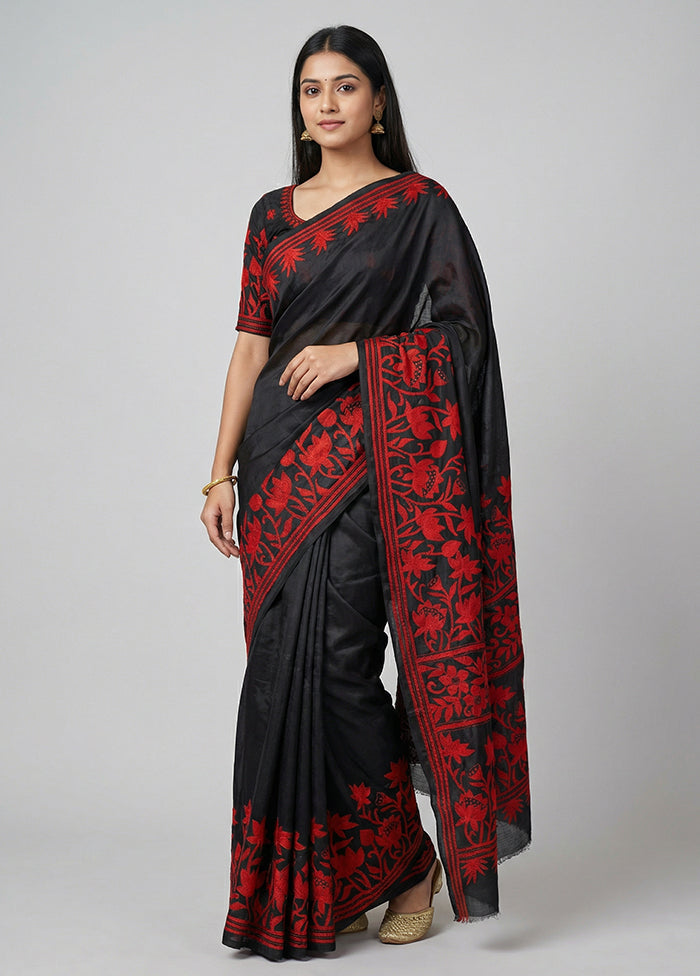 Black Handloom Kantha Stitch Pure Silk Saree With Blouse Piece