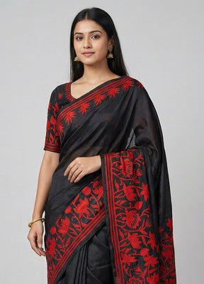 Black Handloom Kantha Stitch Pure Silk Saree With Blouse Piece