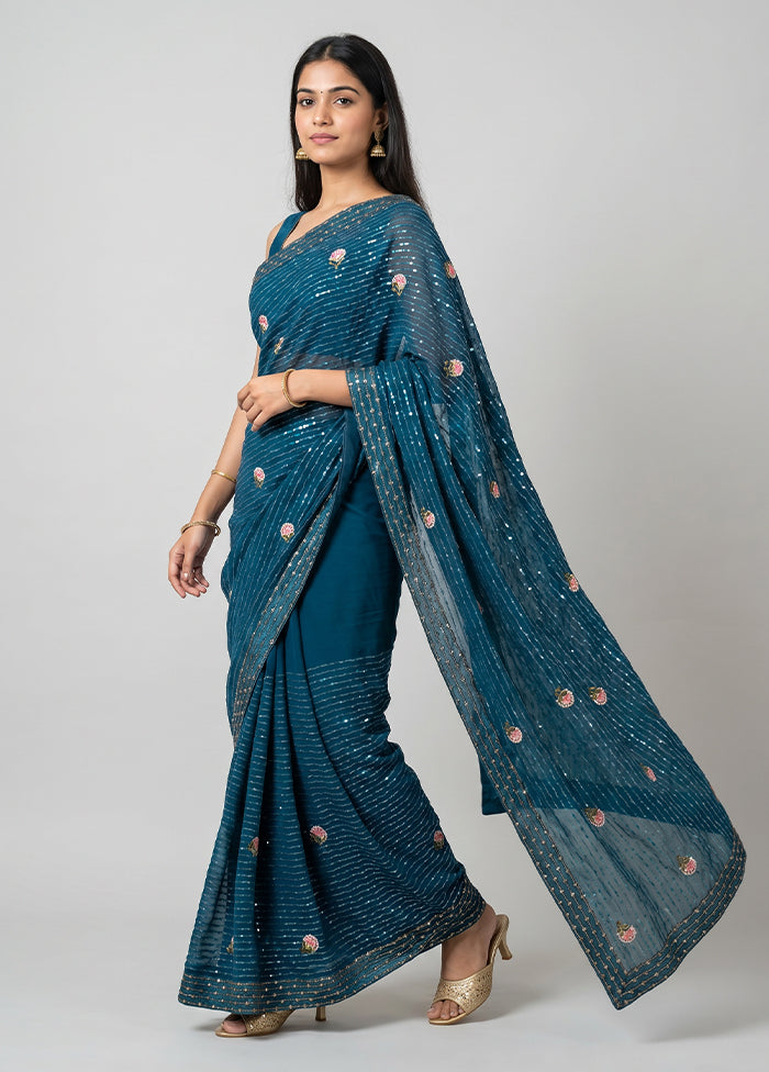 Blue Georgette Saree With Blouse Piece