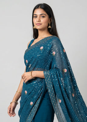 Blue Georgette Saree With Blouse Piece
