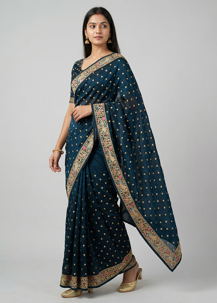 Blue Georgette Saree With Blouse Piece