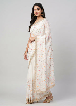 White Handloom Pure Georgette Saree With Blouse Piece