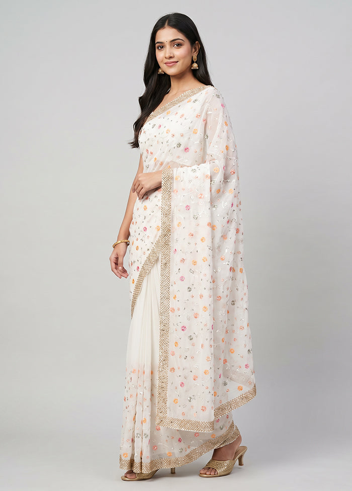 White Handloom Pure Georgette Saree With Blouse Piece