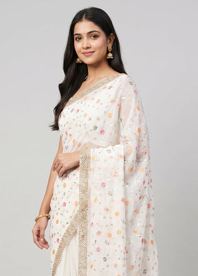 White Handloom Pure Georgette Saree With Blouse Piece