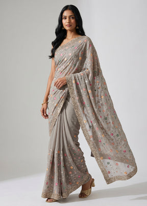 Grey Handloom Pure Georgette Saree With Blouse Piece