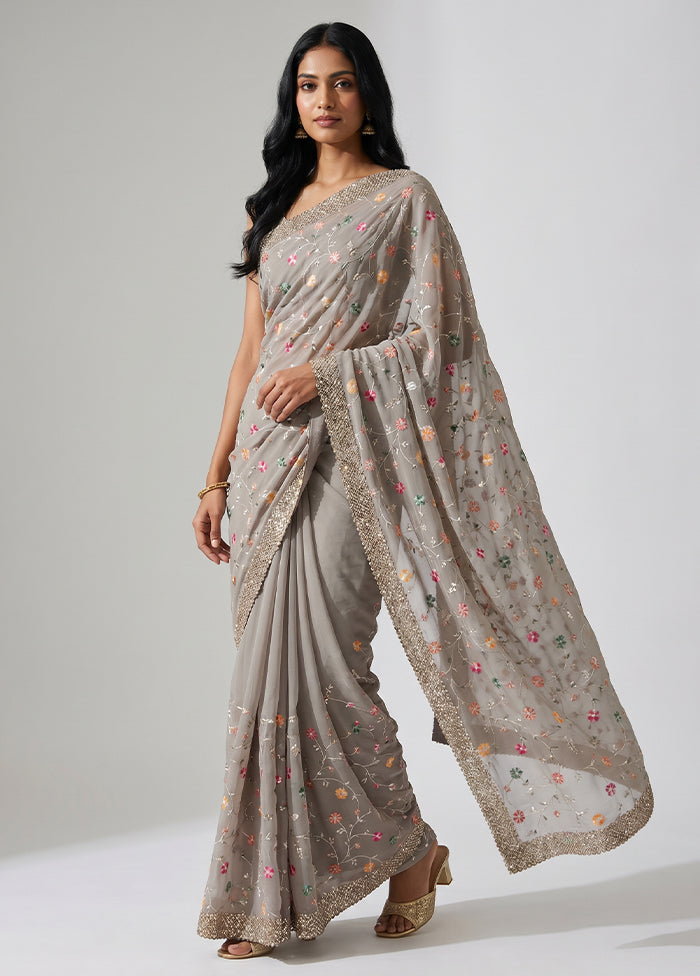 Grey Handloom Pure Georgette Saree With Blouse Piece