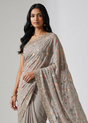 Grey Handloom Pure Georgette Saree With Blouse Piece