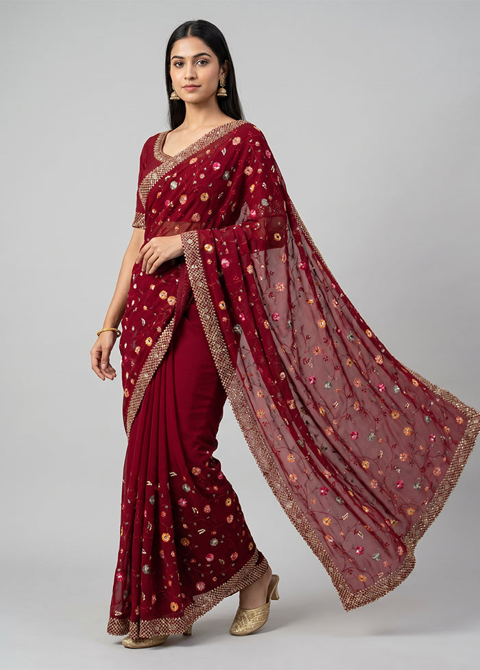 Maroon Handloom Pure Georgette Saree With Blouse Piece