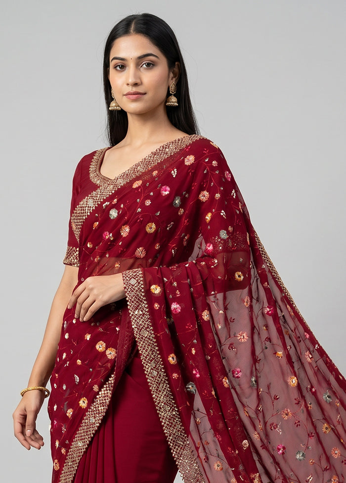 Maroon Handloom Pure Georgette Saree With Blouse Piece
