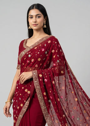 Maroon Handloom Pure Georgette Saree With Blouse Piece
