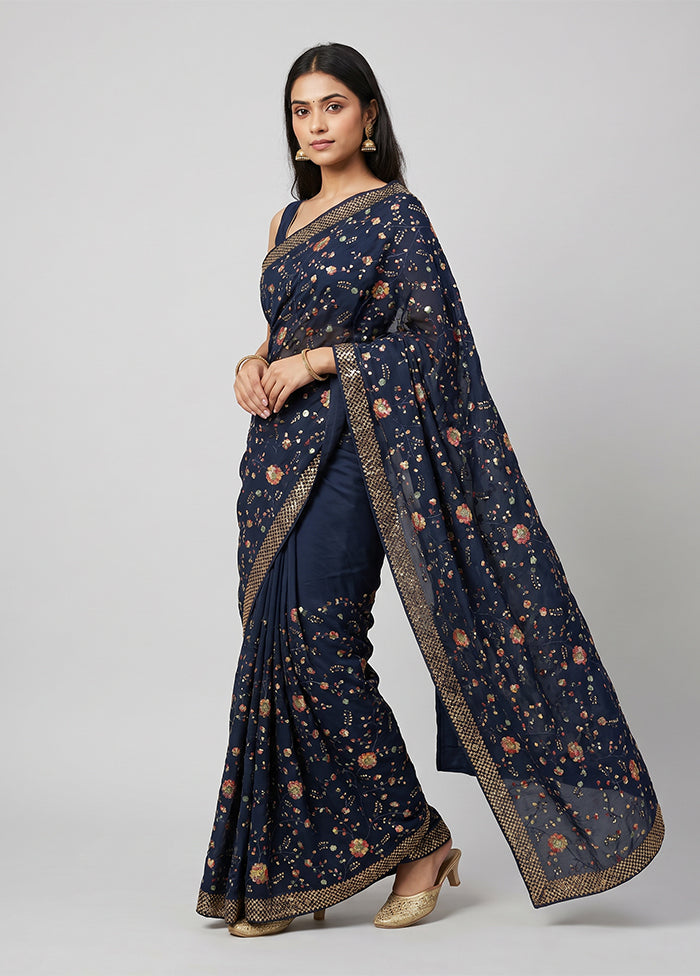 Blue Handloom Pure Georgette Saree With Blouse Piece
