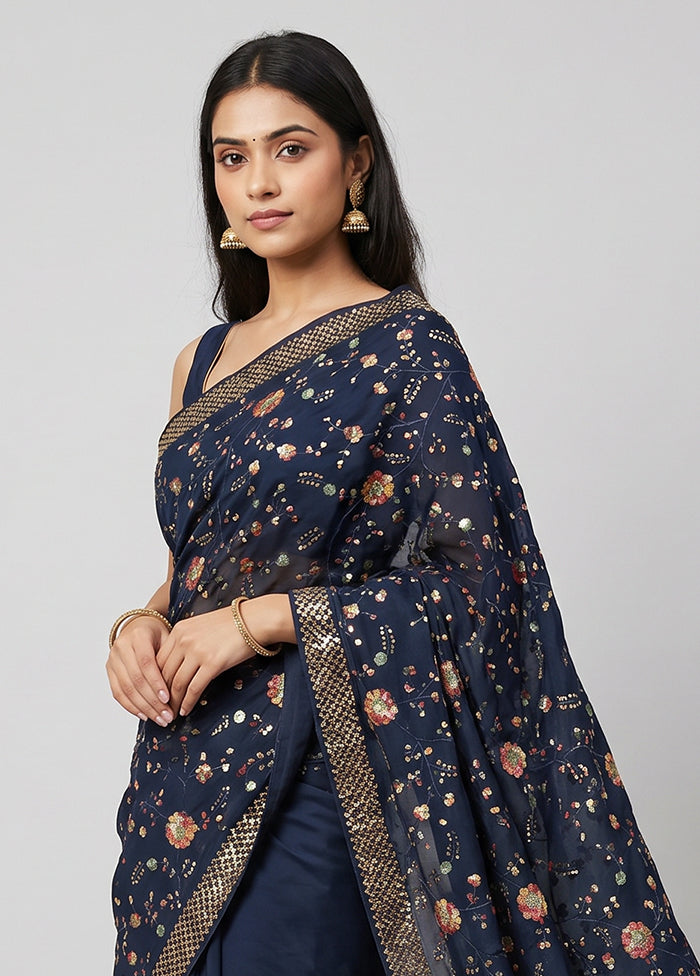 Blue Handloom Pure Georgette Saree With Blouse Piece