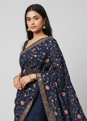Blue Handloom Pure Georgette Saree With Blouse Piece