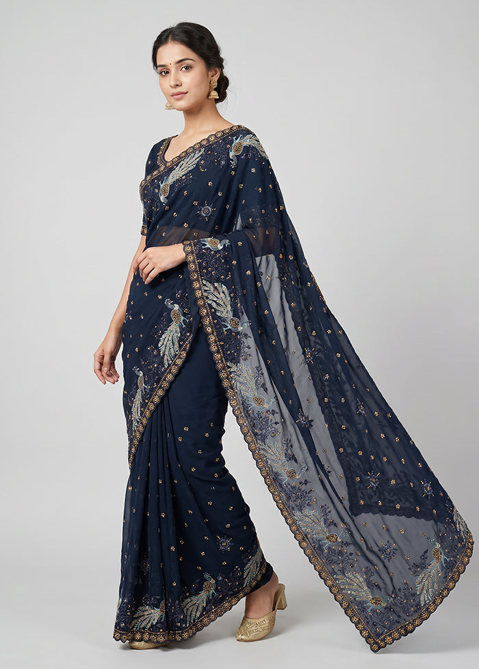 Blue Handloom Pure Georgette Saree With Blouse Piece