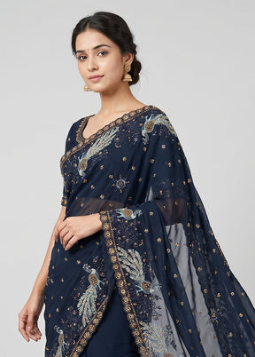 Blue Handloom Pure Georgette Saree With Blouse Piece
