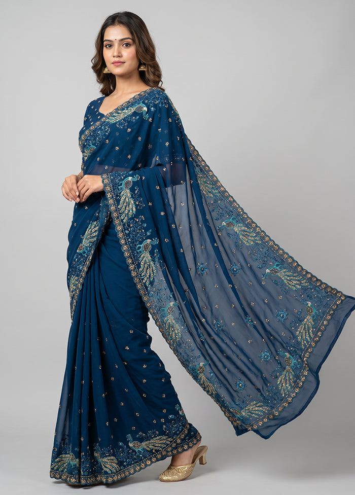 Blue Handloom Pure Georgette Saree With Blouse Piece