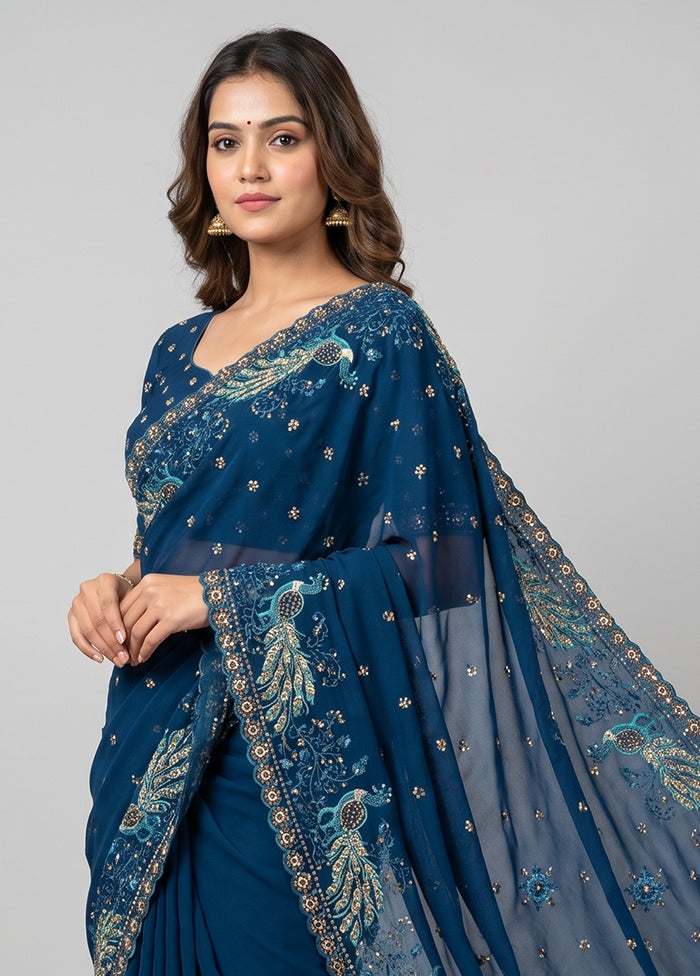 Blue Handloom Pure Georgette Saree With Blouse Piece