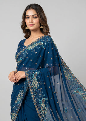 Blue Handloom Pure Georgette Saree With Blouse Piece