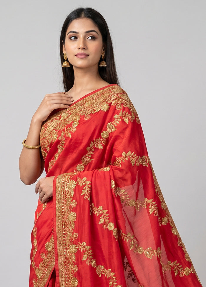 Red Georgette Saree With Blouse Piece