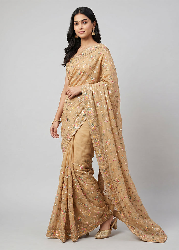 Cream Handloom Pure Georgette Saree With Blouse Piece
