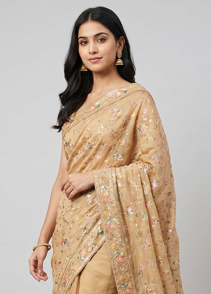 Cream Handloom Pure Georgette Saree With Blouse Piece