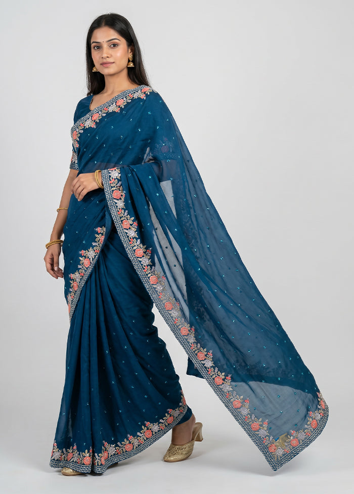 Blue Georgette Saree With Blouse Piece