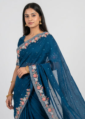 Blue Georgette Saree With Blouse Piece