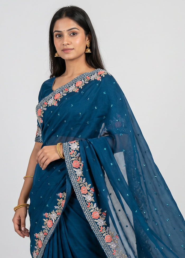 Blue Georgette Saree With Blouse Piece
