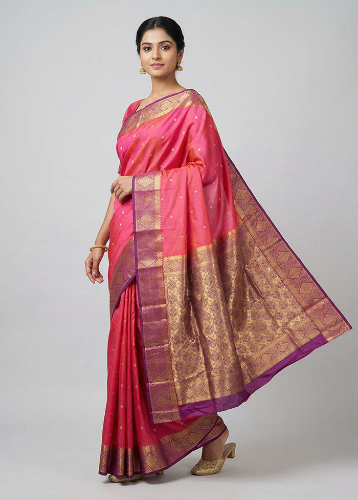 Pink Handloom Kanjivaram Pure Silk Saree With Blouse Piece
