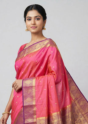 Pink Handloom Kanjivaram Pure Silk Saree With Blouse Piece