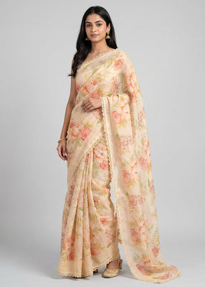 Cream Linen Silk Saree With Blouse Piece