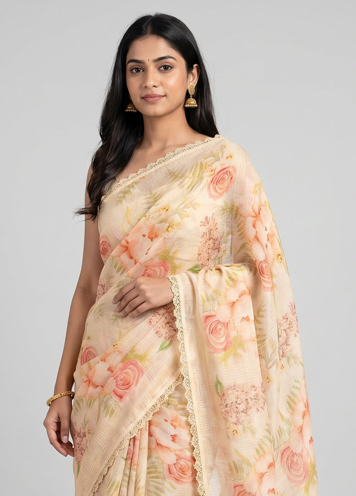 Cream Linen Silk Saree With Blouse Piece