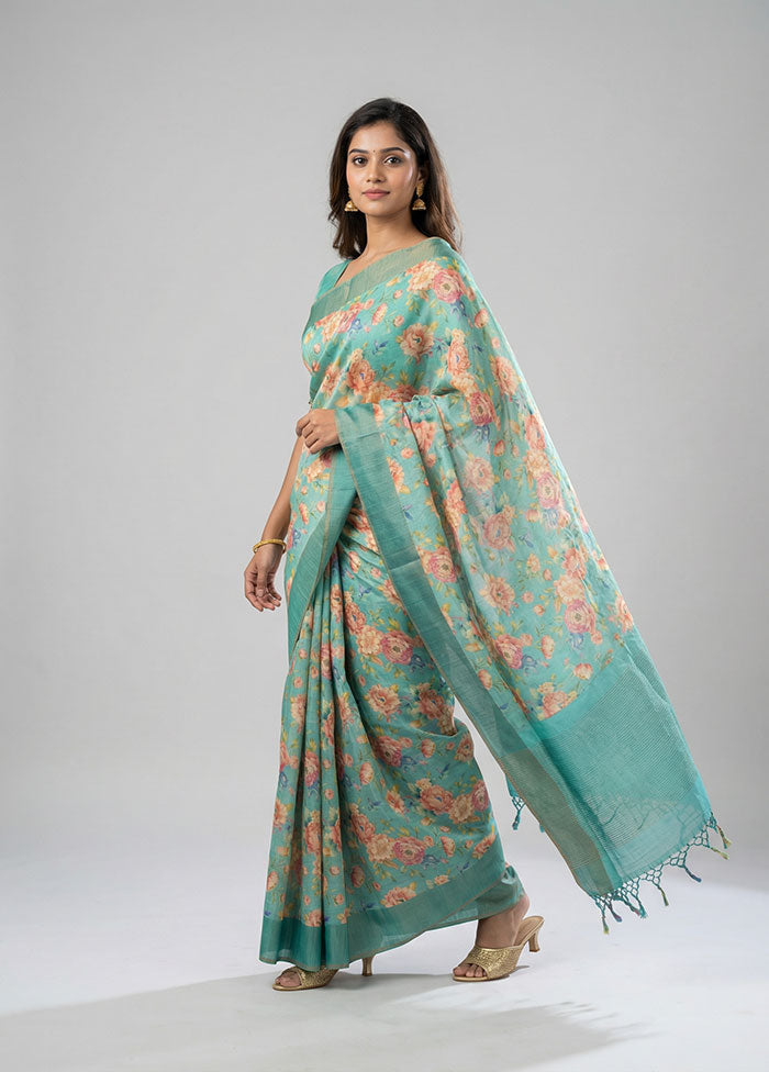Green Handloom Tussar Pure Silk Saree With Blouse Piece