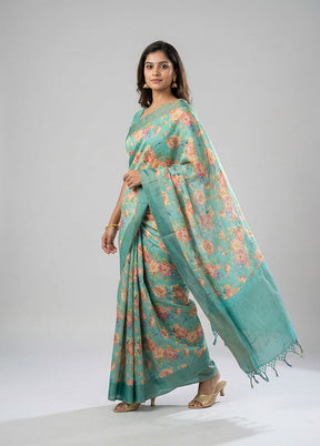 Green Handloom Tussar Pure Silk Saree With Blouse Piece