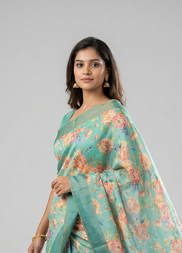 Green Handloom Tussar Pure Silk Saree With Blouse Piece