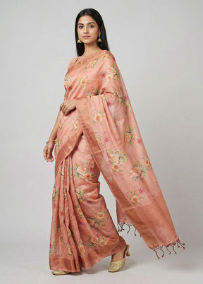 Pink Handloom Tussar Pure Silk Saree With Blouse Piece