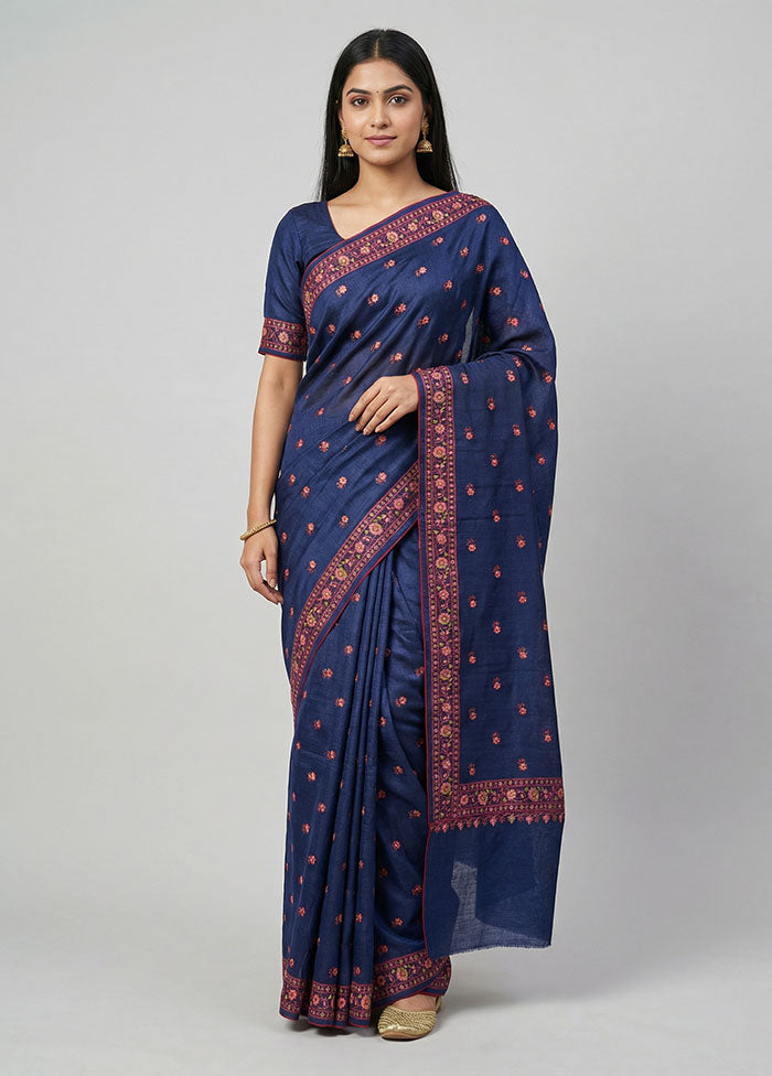 Blue Handloom Tussar Pure Silk Saree With Blouse Piece