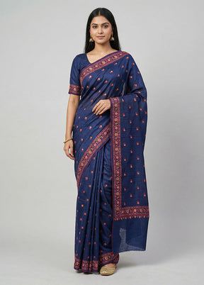 Blue Handloom Tussar Pure Silk Saree With Blouse Piece