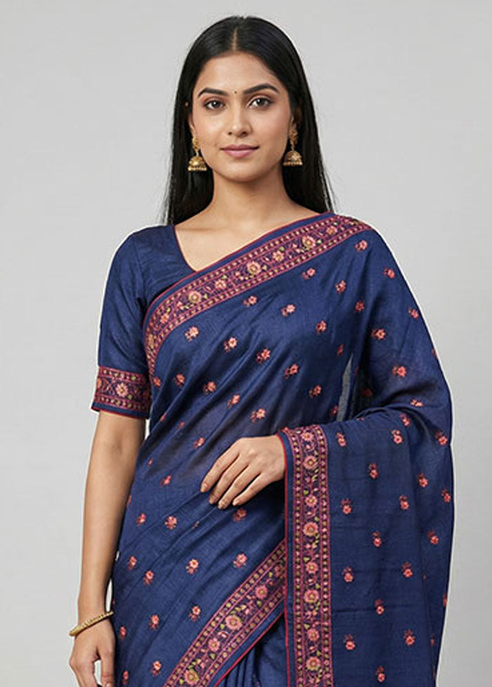 Blue Handloom Tussar Pure Silk Saree With Blouse Piece