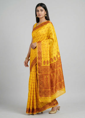 Yellow Handloom Assam Pure Silk Saree With Blouse Piece