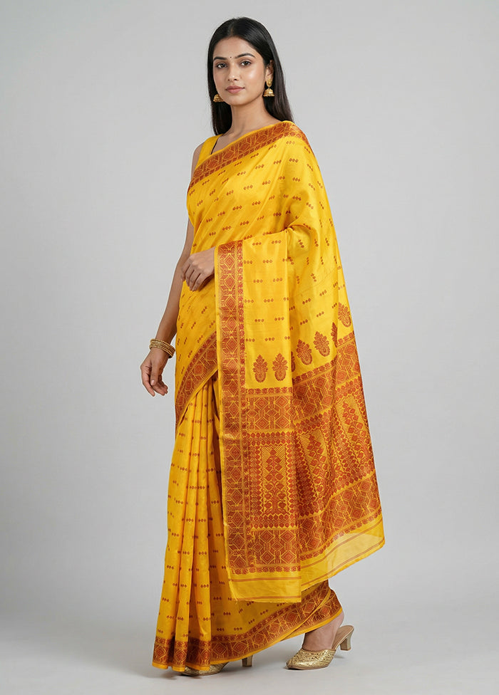 Yellow Handloom Assam Pure Silk Saree With Blouse Piece