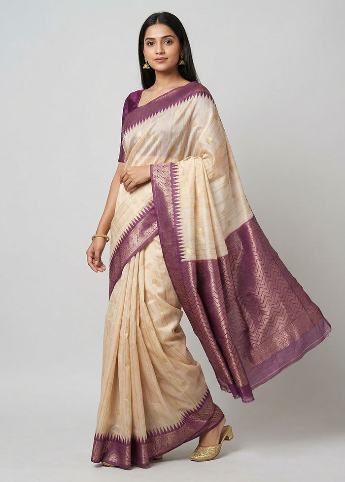 Cream Tussar Silk Saree With Blouse Piece