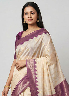 Cream Tussar Silk Saree With Blouse Piece