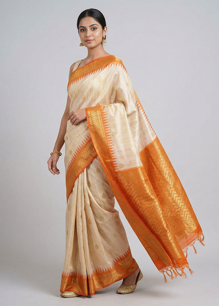 Cream Tussar Silk Saree With Blouse Piece